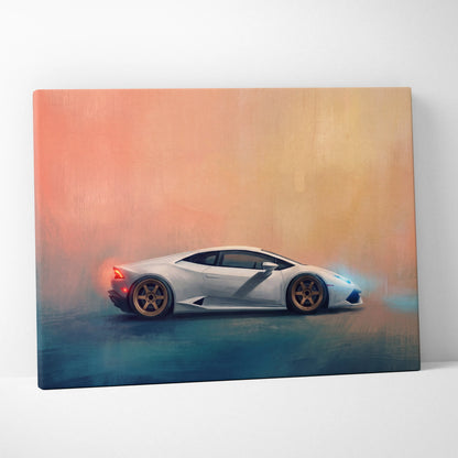 White Lamborghini Huracán sports car stylized painterly illustration on canvas supercar wall art print
