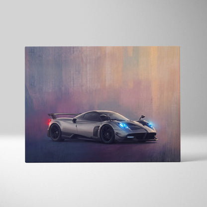 Silver pagani huayra bc hypercar digital artwork with glowing blue headlights and red taillights on luxury car canvas print
