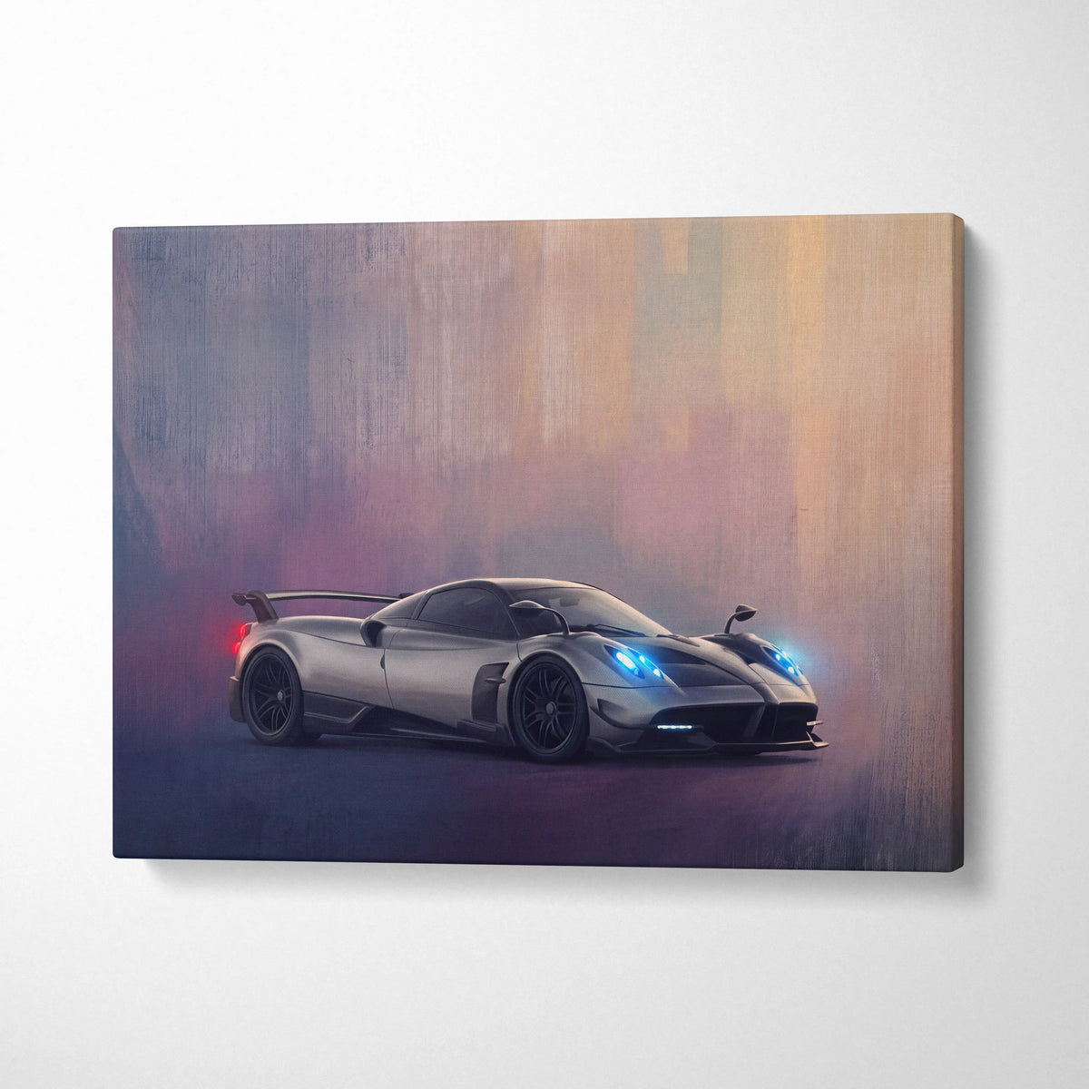 Silver pagani huayra bc inspired luxury supercar canvas wall art with glowing blue headlights and red taillight