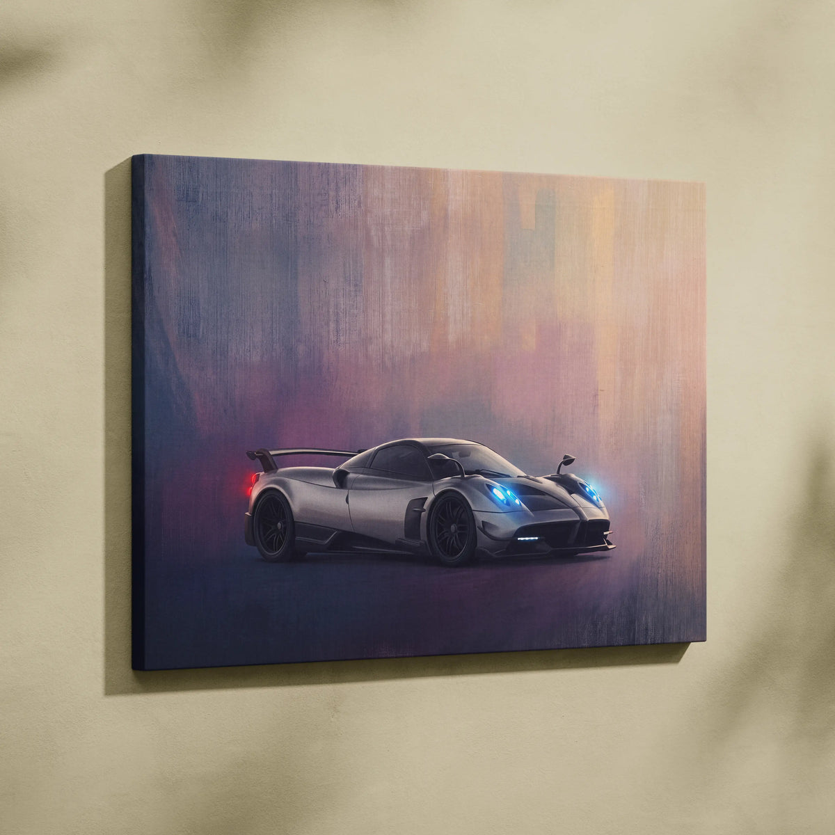 Silver Pagani Huayra BC sports car canvas print with glowing blue headlights and red taillights on gradient background