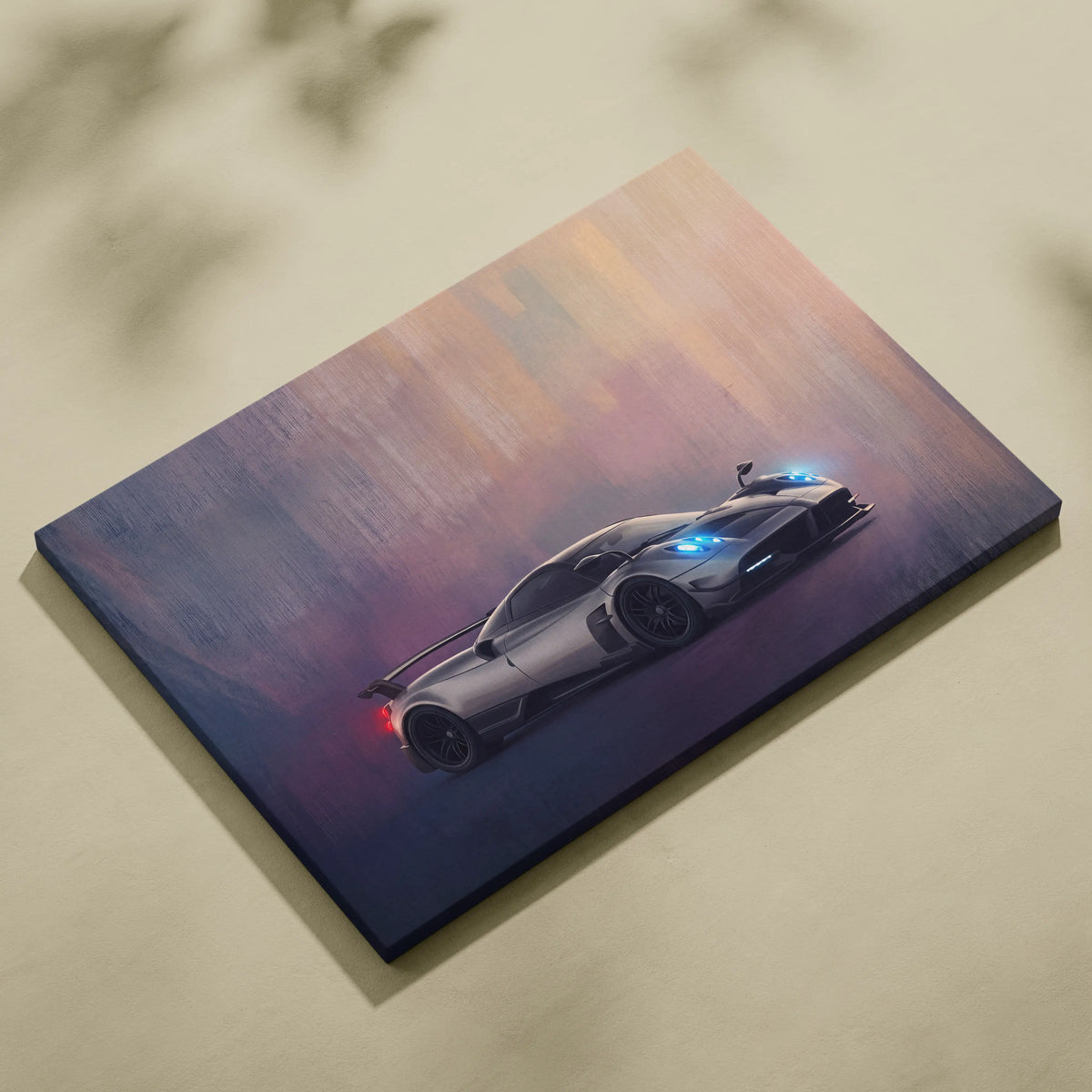 A sleek silver pagani huayra sports car depicted in a dynamic atmospheric painting on canvas wall art