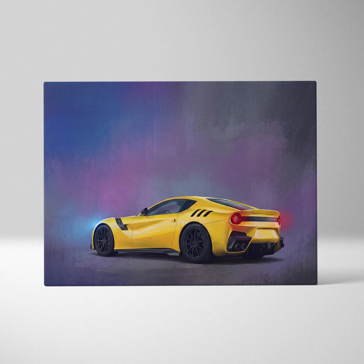 Vibrant yellow ferrari f12 berlinetta inspired car wall art featuring a dynamic side profile on canvas print