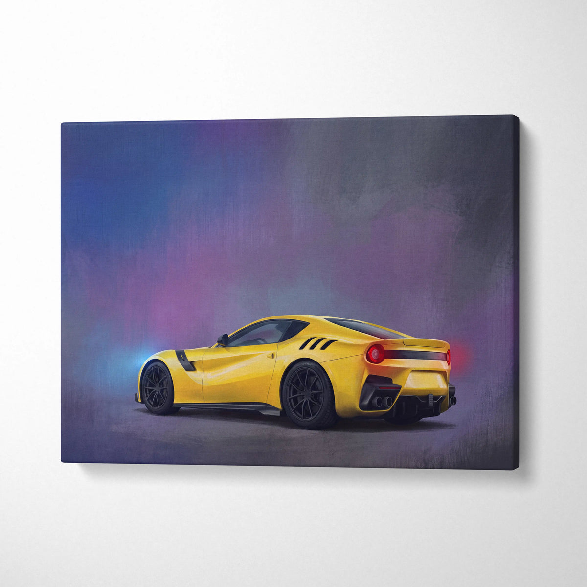 Vibrant yellow ferrari f12 berlinetta sports car canvas painting print in dynamic side profile for wall art decor