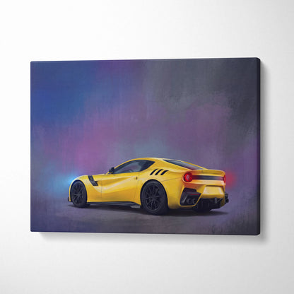 Vibrant yellow ferrari f12 berlinetta sports car canvas painting print in dynamic side profile for wall art decor