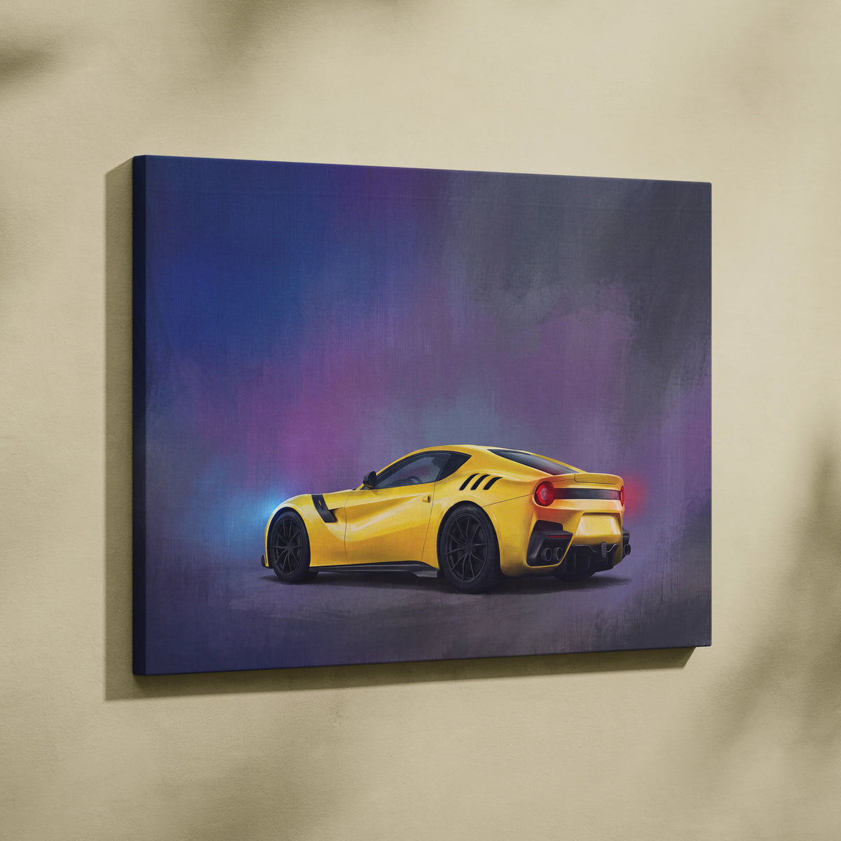 Vibrant yellow ferrari f12 berlinetta sports car wall art in dynamic side profile on purple and blue gradient canvas print