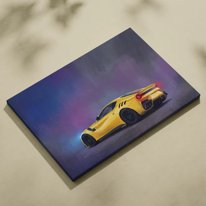 Vibrant yellow ferrari f12berlinetta inspired sports car wall art on stretched canvas with gradient purple and blue background