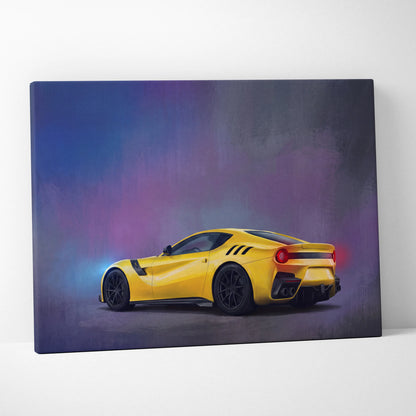 Vibrant yellow ferrari f12 berlinetta sports car wall art canvas painting print with dynamic side profile on purple blue background