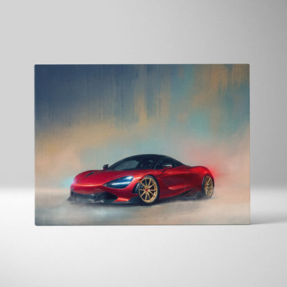 Vibrant red McLaren 720S inspired supercar canvas art with gold alloy wheels in dynamic smoky design wall print