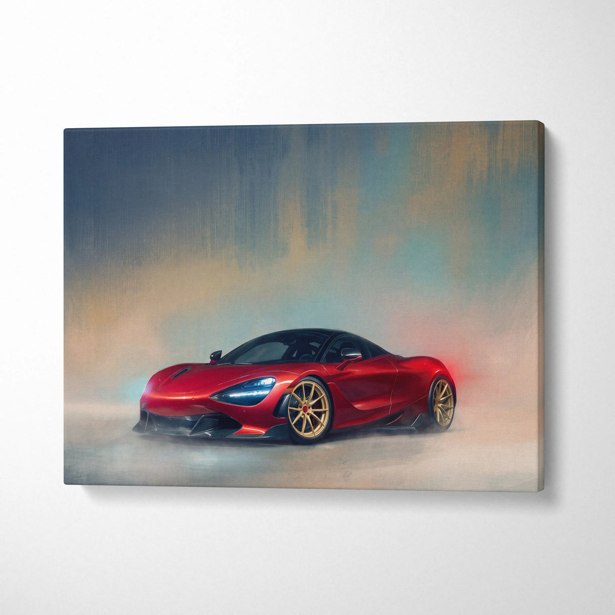 Vibrant red mclaren 720s sports car in dynamic smoky artistic rendering on canvas custom car wall art print