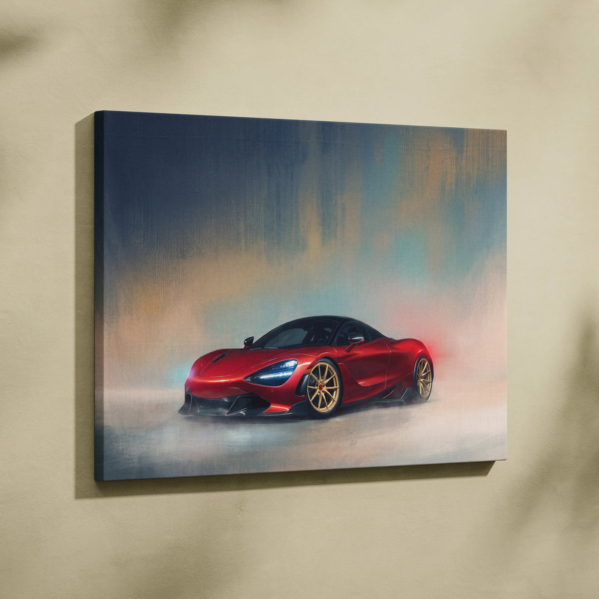 Red McLaren 720S supercar canvas art print with gold rims and glowing headlights on smoky atmospheric background
