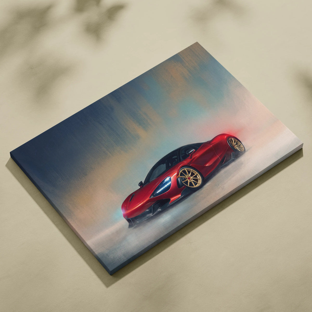 Red mclaren 720s inspired supercar canvas art featuring dynamic smoky motion on custom car wall art print