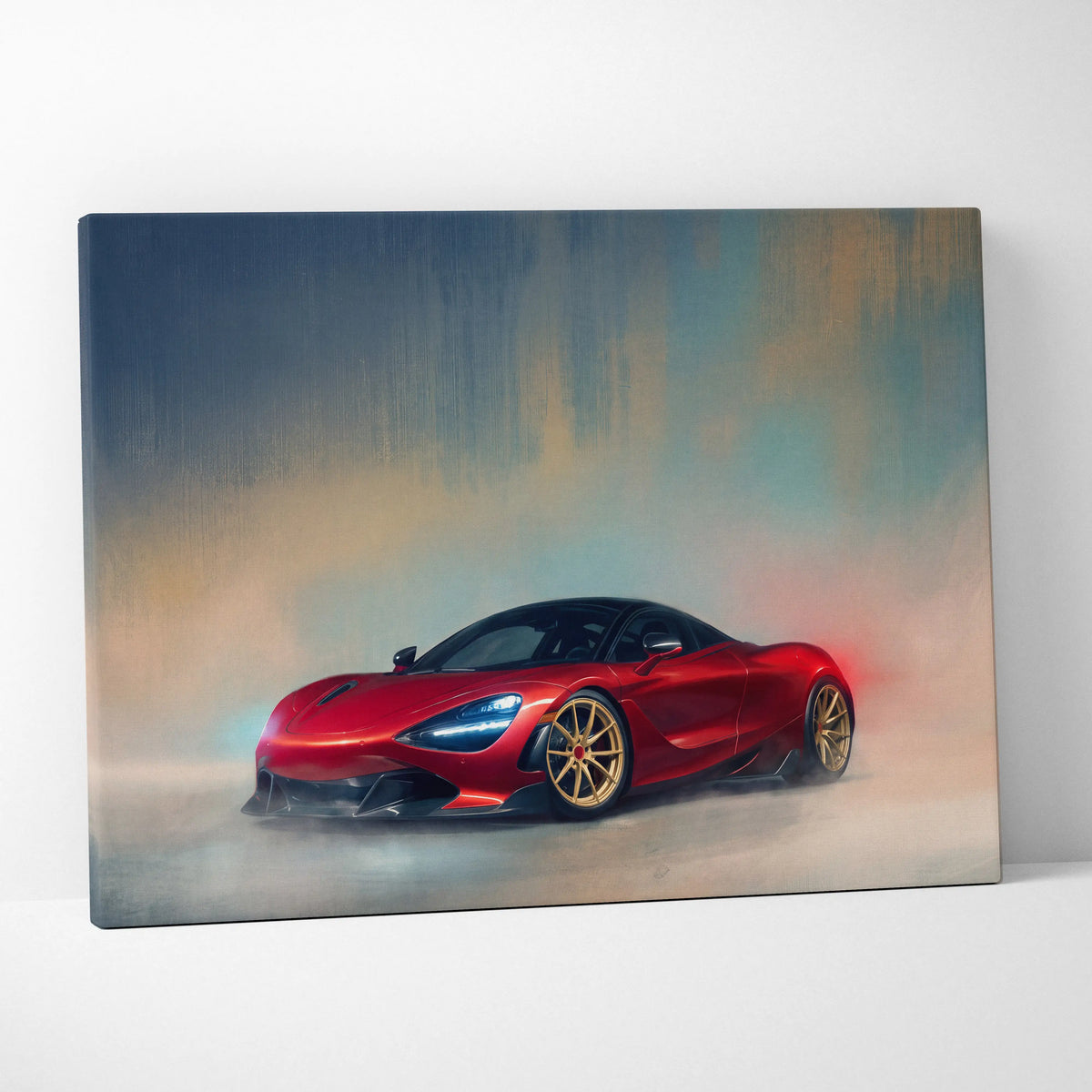 Vibrant red McLaren 720S sports car in a dynamic smoky artistic rendering on canvas custom car wall art print