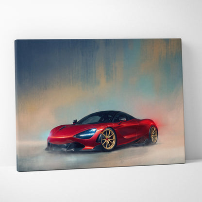 Vibrant red McLaren 720S sports car in a dynamic smoky artistic rendering on canvas custom car wall art print