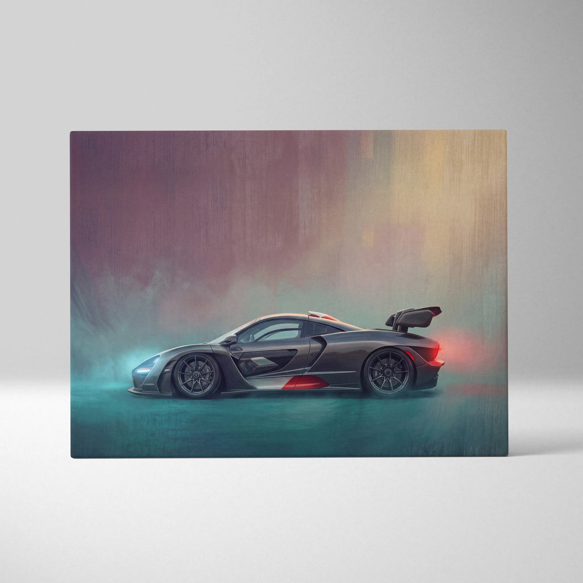 A sleek matte black McLaren Senna sports car with red accents and a rear wing on premium canvas art