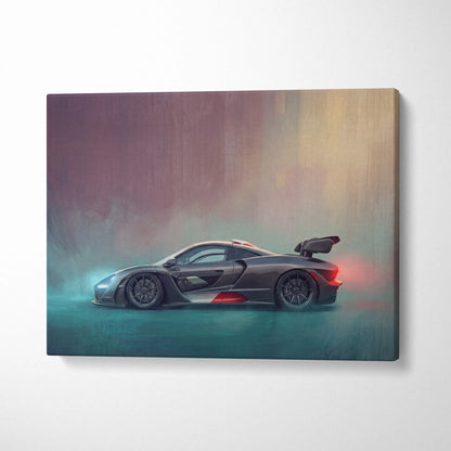 McLaren Senna inspired canvas art featuring a black supercar with red accents and a prominent rear wing for wall decor
