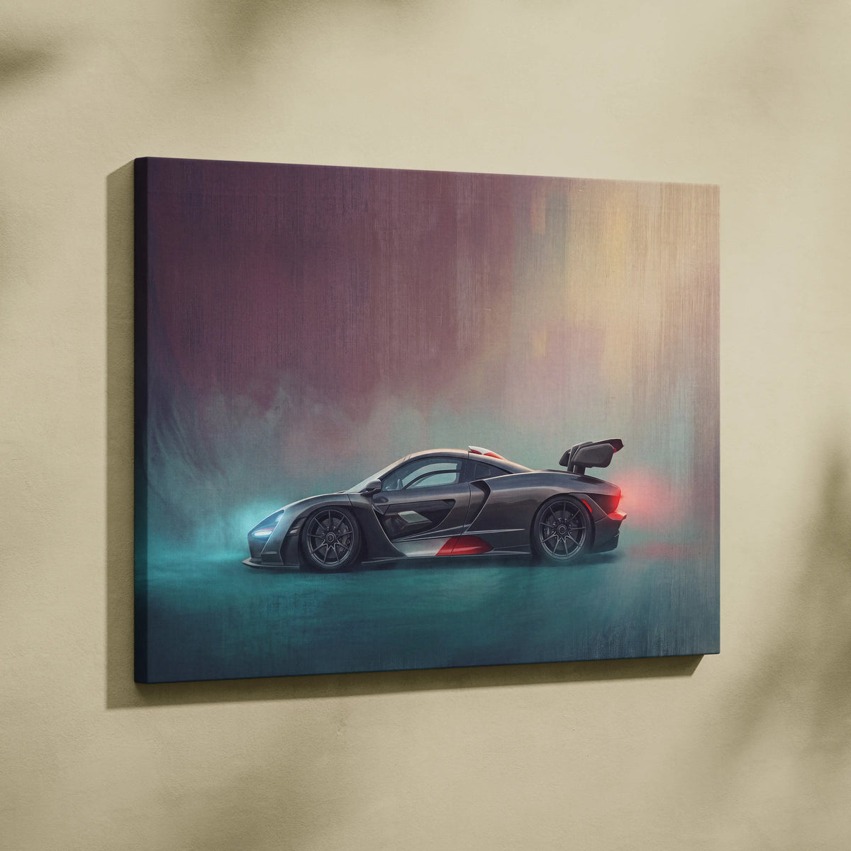 A sleek black McLaren Senna inspired canvas art with red accents and blue aura mounted on a beige wall