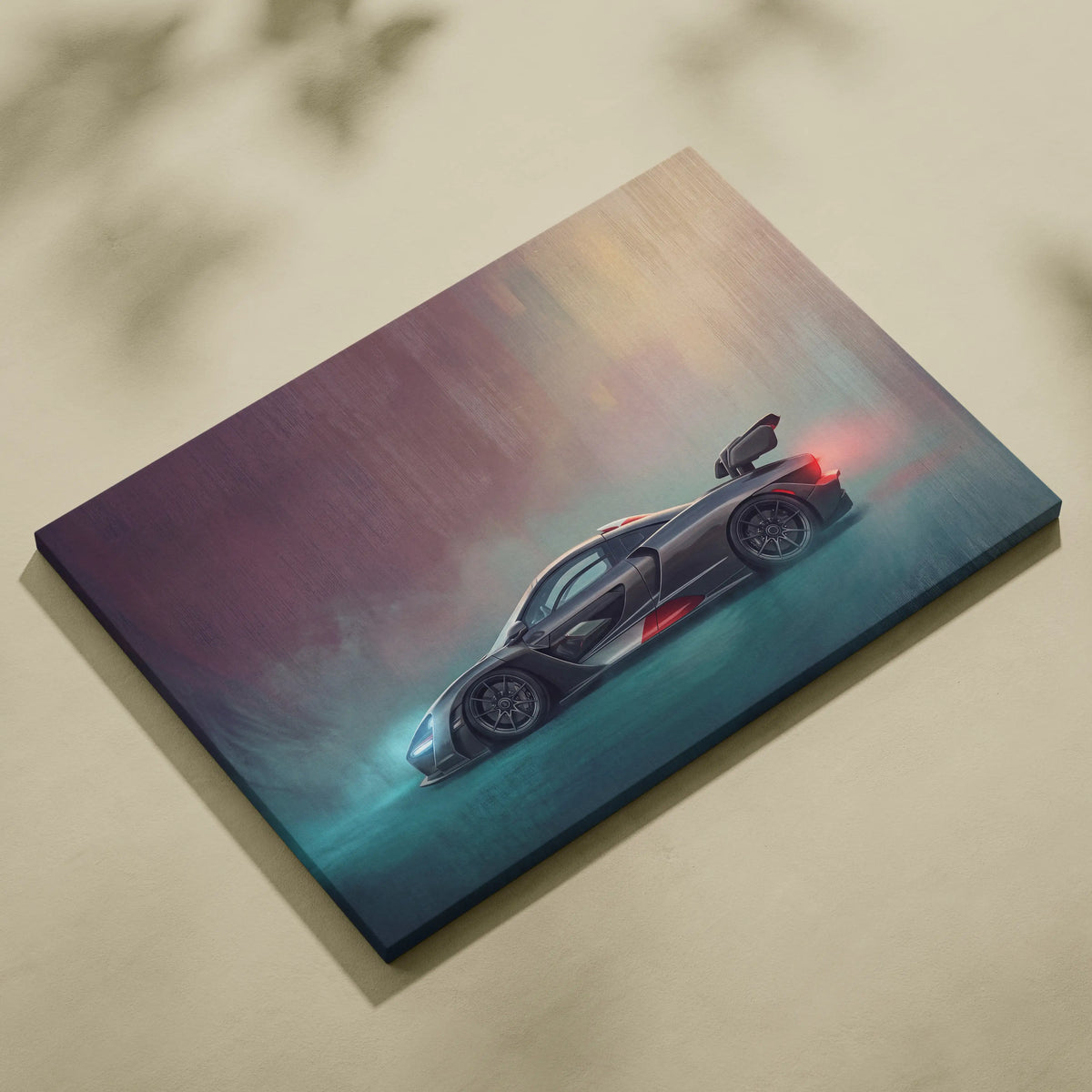 A sleek matte black and red mclaren supercar illustration printed on premium stretched canvas wall decor
