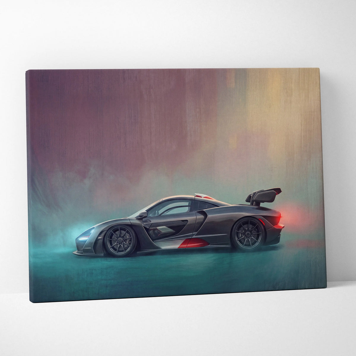 A sleek matte black McLaren Senna inspired canvas art with red accents and a prominent rear wing wall decor