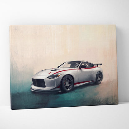 Silver and red Nissan Z inspired racing sports car canvas print with black accents for modern home decor wall art