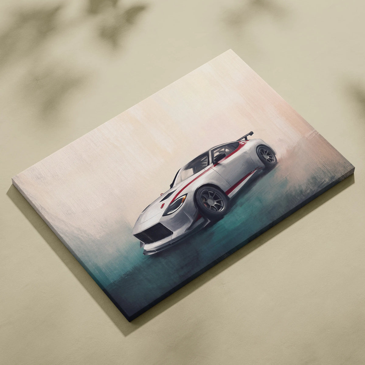 Nissan Z inspired canvas print of a white and red racing car with black accents for modern home decor