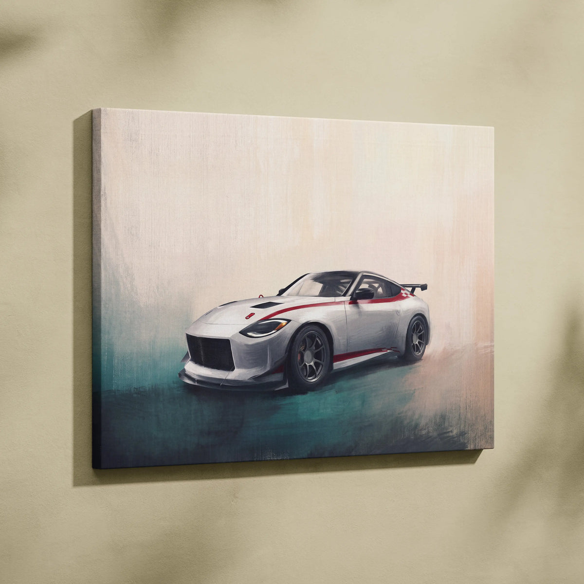 Silver and red nissan z inspired sports car canvas painting for modern automotive wall decor