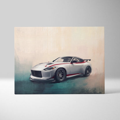 Silver and red Nissan Z sports car illustration on canvas Japanese automotive wall art for modern home decor