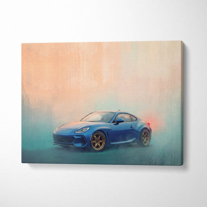 Blue sports car canvas print featuring a sleek modern coupe with gold rims and smoke effects for bedroom decor
