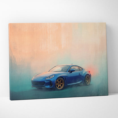 Subaru brz inspired canvas wall art featuring a blue sports car with gold rims for bedroom decor