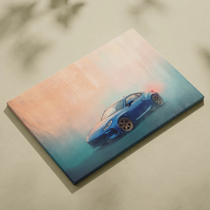 Subaru brz inspired blue sports car canvas wall art featuring dynamic drift scene with gradient sky and smoke effects