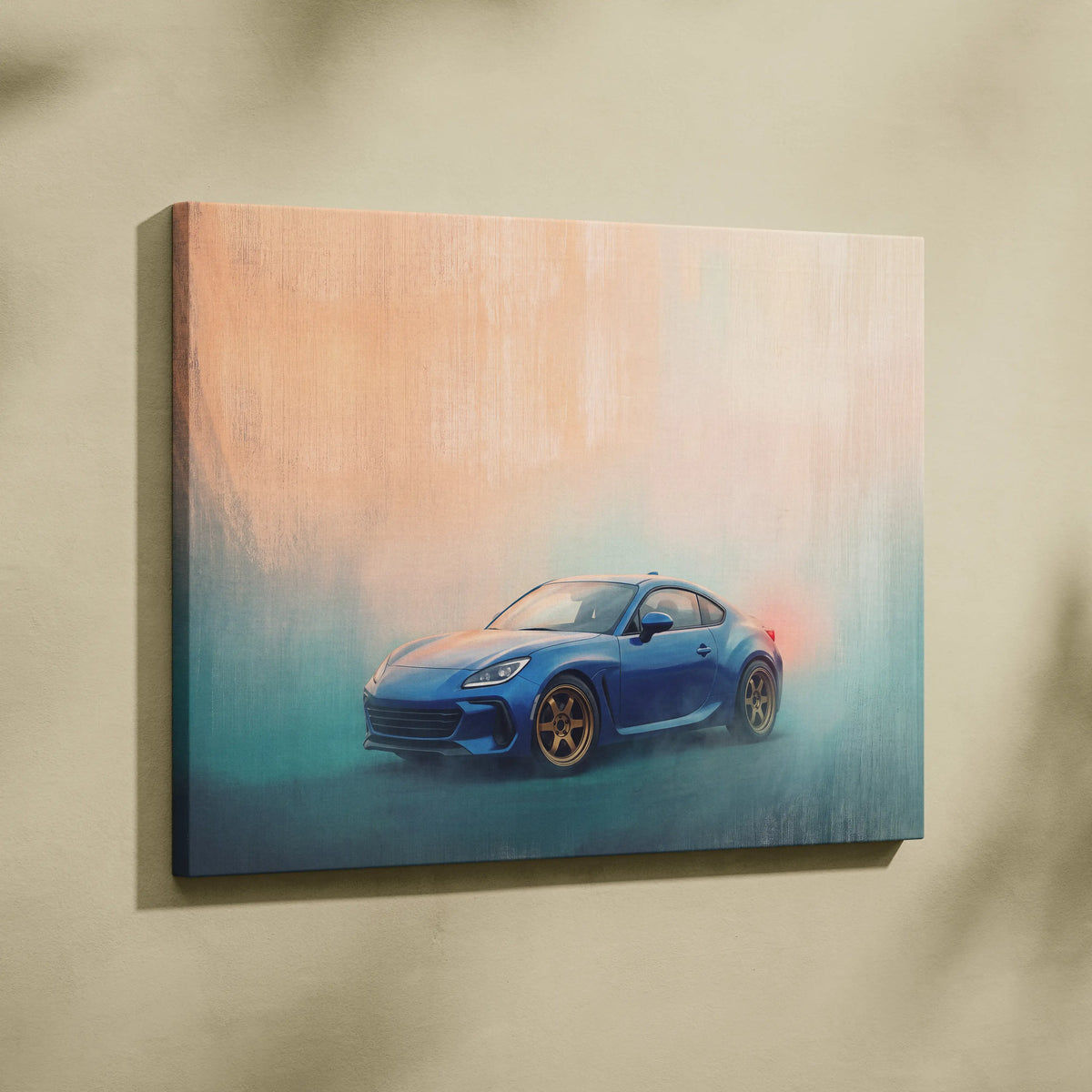 Subaru BRZ inspired canvas wall art featuring a blue sports car with gold rims on a smoky gradient background