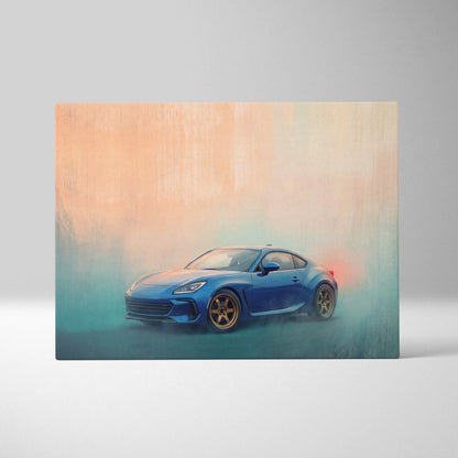 Subaru brz inspired canvas wall art featuring a blue sports car with gold rims in smoky stylized painting for bedroom decor