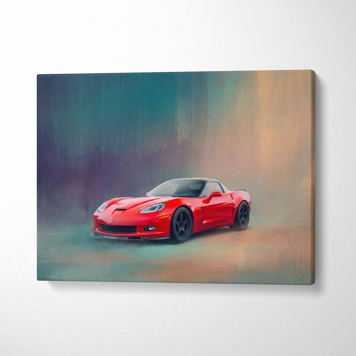 Vibrant red Chevrolet Corvette inspired sports car stylized painting on canvas American sports wall art for office decor