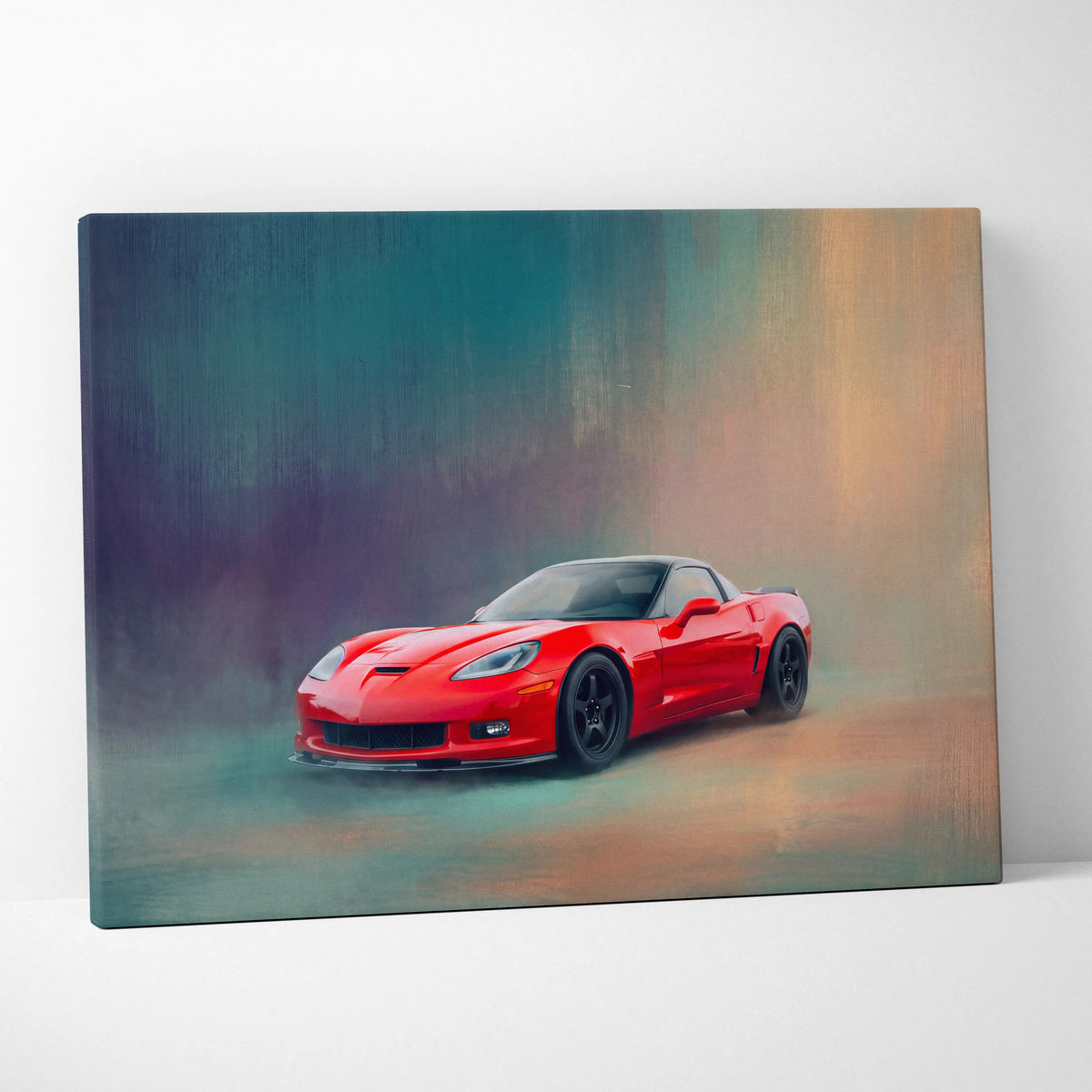 Vibrant red Chevrolet Corvette sports car in dynamic painterly style on stretched canvas for office decor wall art