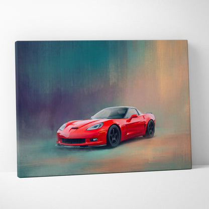 Vibrant red Chevrolet Corvette sports car in dynamic painterly style on stretched canvas for office decor wall art