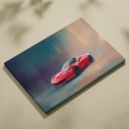 Vibrant red chevrolet corvette inspired sports car wall art on stretched canvas for american office decor