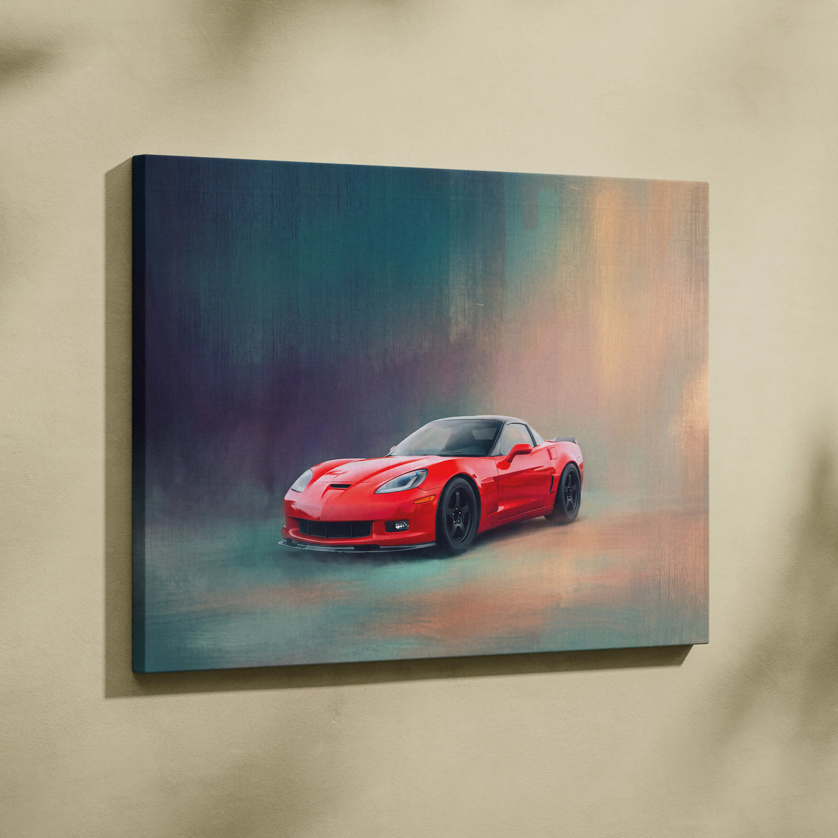 Vibrant red chevrolet corvette sports car in dynamic painterly style on stretched canvas for office wall art