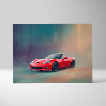 Vibrant red Chevrolet Corvette sports car stylized canvas wall art for office decor inspired by American sports cars