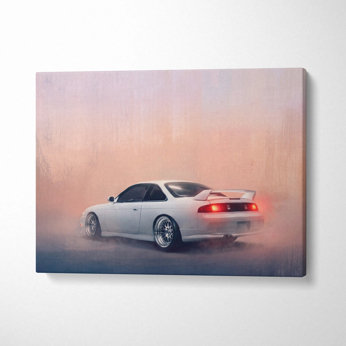 White nissan silvia s14 drift canvas print with glowing red taillights and smoky pink-orange backdrop for garage decor