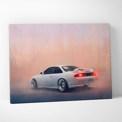 White nissan silvia s14 drift canvas print with glowing red taillights and smoky background for garage decor