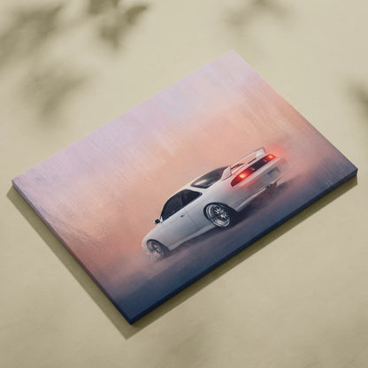 White nissan s14 drift canvas print with dynamic sunset backdrop japanese sports car wall art for garage decor