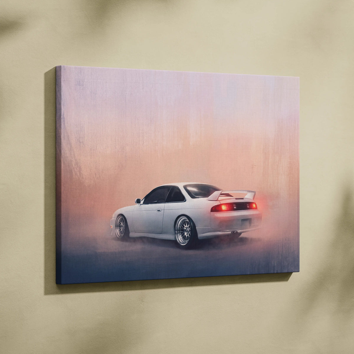 White nissan 300zx drift canvas print with glowing red taillights on pink-orange smoky backdrop for garage decor