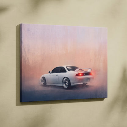 White nissan 300zx drift canvas print with glowing red taillights on pink-orange smoky backdrop for garage decor