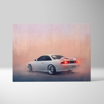 White nissan silvia s14 drift car canvas print with glowing red taillights and smoke effects for garage decor