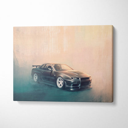 Nissan Skyline GT-R R34 Inspired Canvas Art, Japanese Tuner Car Wall Painting for Garage