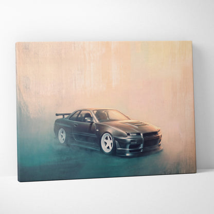 Nissan Skyline GT-R R34 Inspired Canvas Art, Japanese Tuner Car Wall Painting for Garage