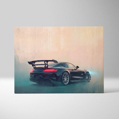 Black mercedes-amg gt r sports car with rear spoiler and glowing taillights on premium canvas automotive wall decor