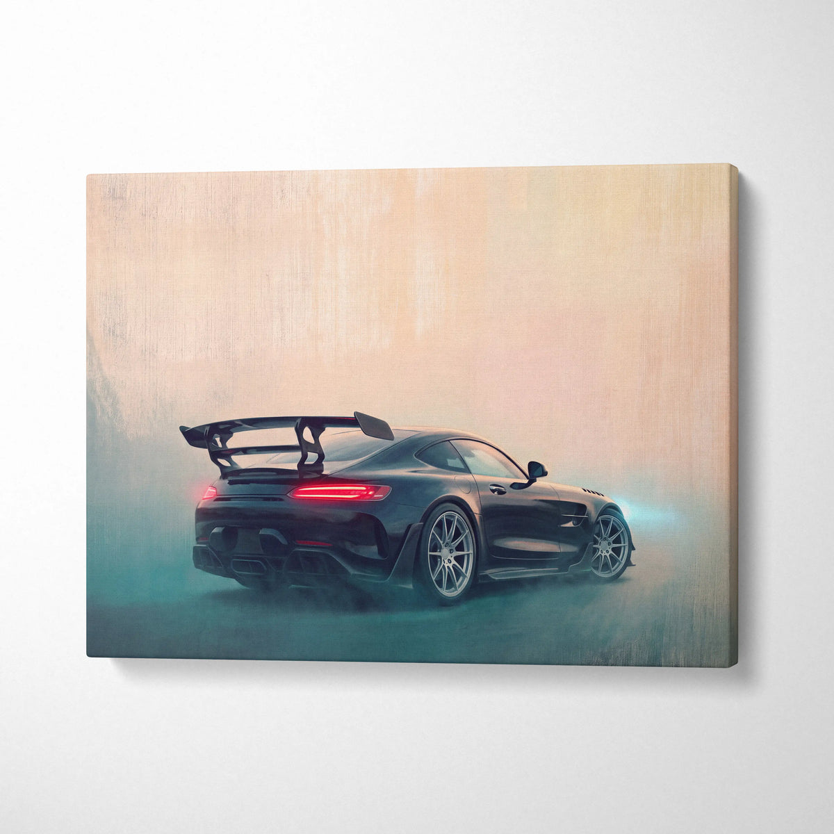 Black Mercedes-AMG GT R sports car canvas print with glowing red taillights and rear spoiler for automotive wall decor