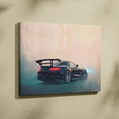 Black mercedes-amg gt r canvas print showing rear view with glowing red taillights and aerodynamic spoiler for wall decor