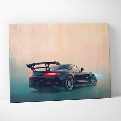 Black Mercedes-AMG GT R canvas print featuring glowing red taillights and rear spoiler for premium wall decor