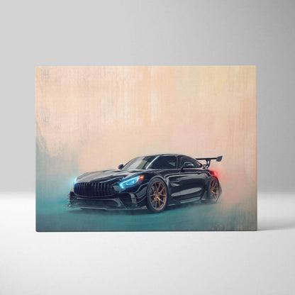 Mercedes-amg gt r black sports car with glowing blue headlights and bronze wheels stylized on canvas wall art print